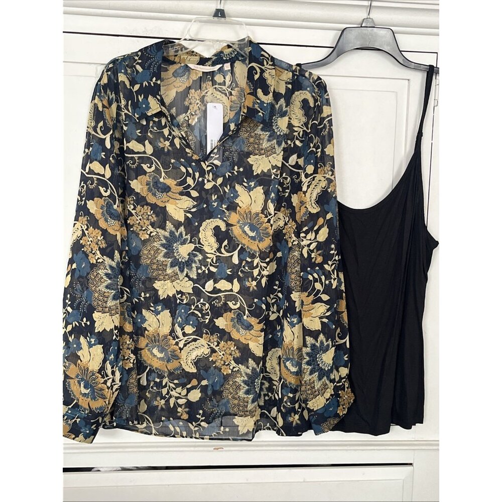 NEW Soft Surroundings Women's 1X Viola Shimmer Blouse Multi Floral Top With Tank